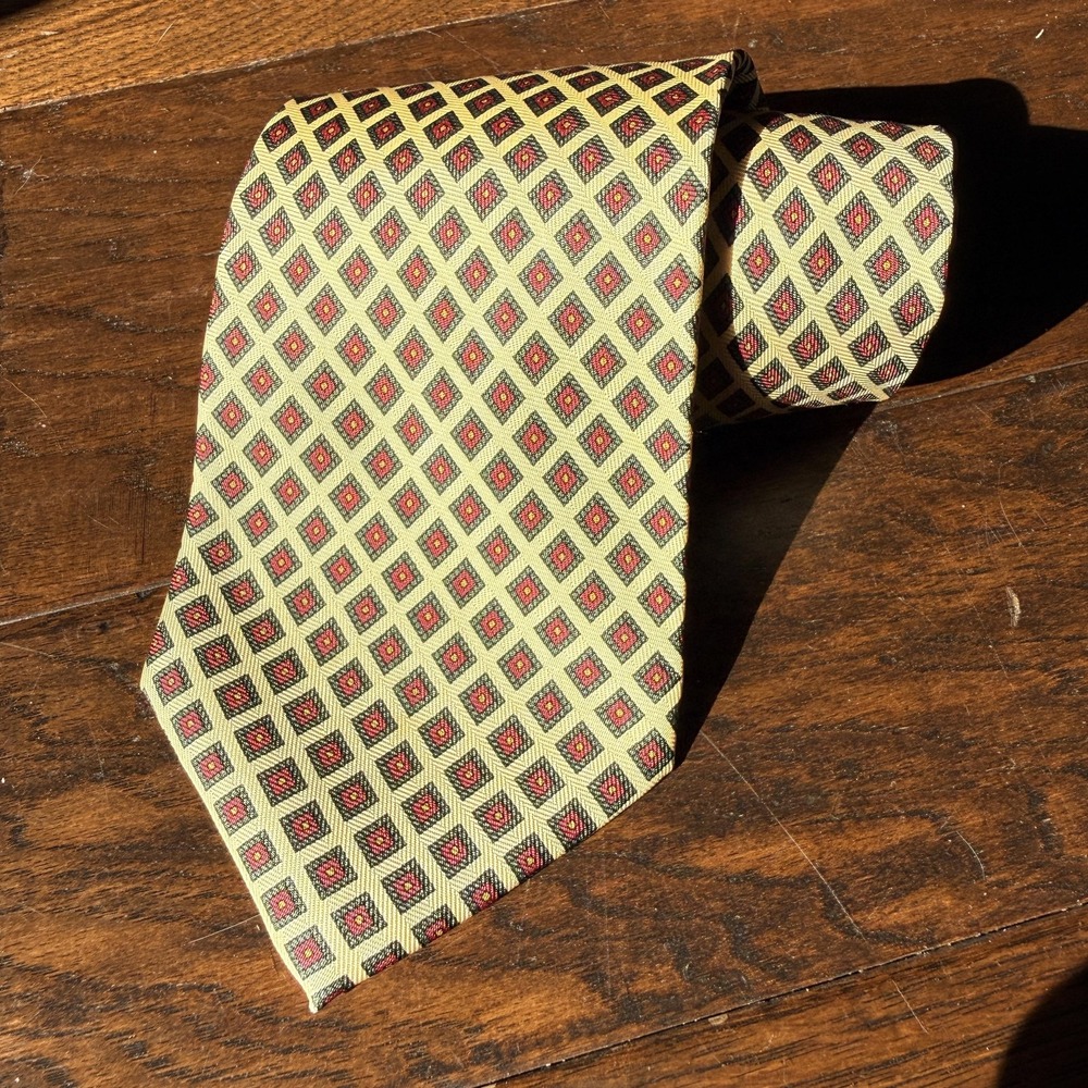 Polo By Ralph Lauren Tie Mens One Size Yellow Silk Geometric Made USA Diamond